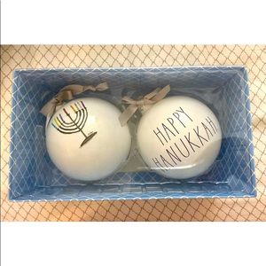 NEW BOXED SET 2 Happy HANUKKAH 3.3”round Glass ORNAMENTS Menorah White Blue